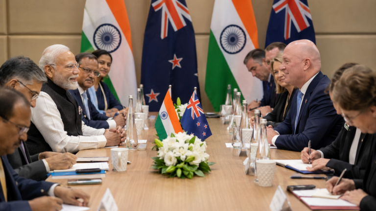Prime Minister Narendra Modi and New Zealand Prime Minister Christopher Luxon during an official bilateral meeting in Auckland,